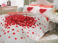 Parure de lit double 4 pièces Noctis Popeline de Coton Motif cœurs confettis Rouge et Blanc