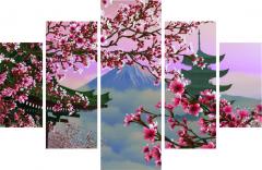 Pentaptyque tableau Grex cerisier fleuri Bois Multicolore