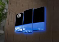 Tableau triptyque rétroéclairé LED Lune & Terre Lucendi Toile de daim Bois Multicolore